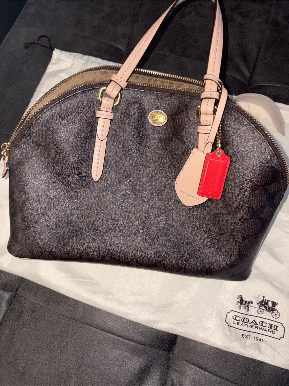 Coach Brown Signature Dome Satchel with tan Handles and Red Tag